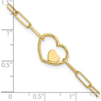 14K Yellow Gold Paperclip Link Bracelet with Double Heart Motif - 7.25 Inch by 0