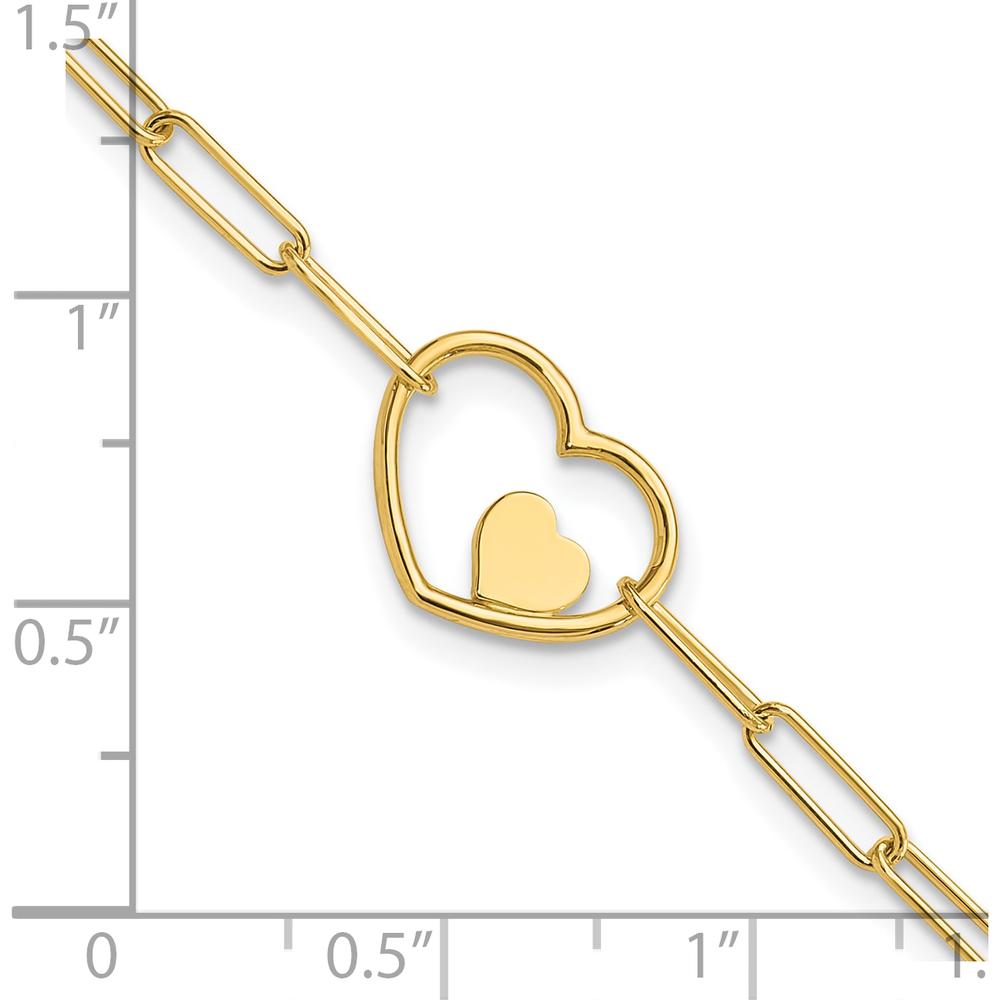 14K Yellow Gold Paperclip Link Bracelet with Double Heart Motif - 7.25 Inch by 0