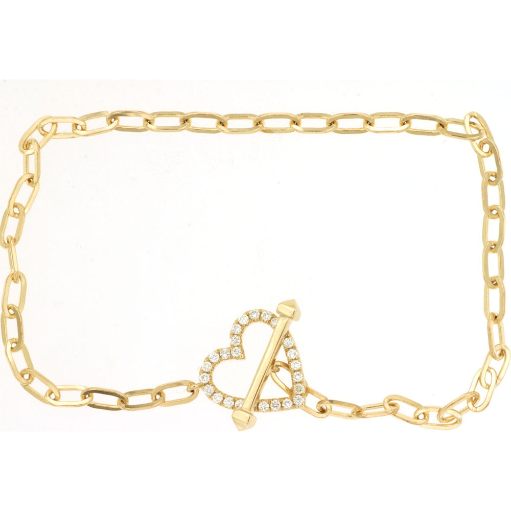 14K Yellow Gold Paperclip Link Bracelet with Open Heart Toggle Clasp and Round Diamonds - 0.20 Carat Total Diamond Weight - Royal Jewelry