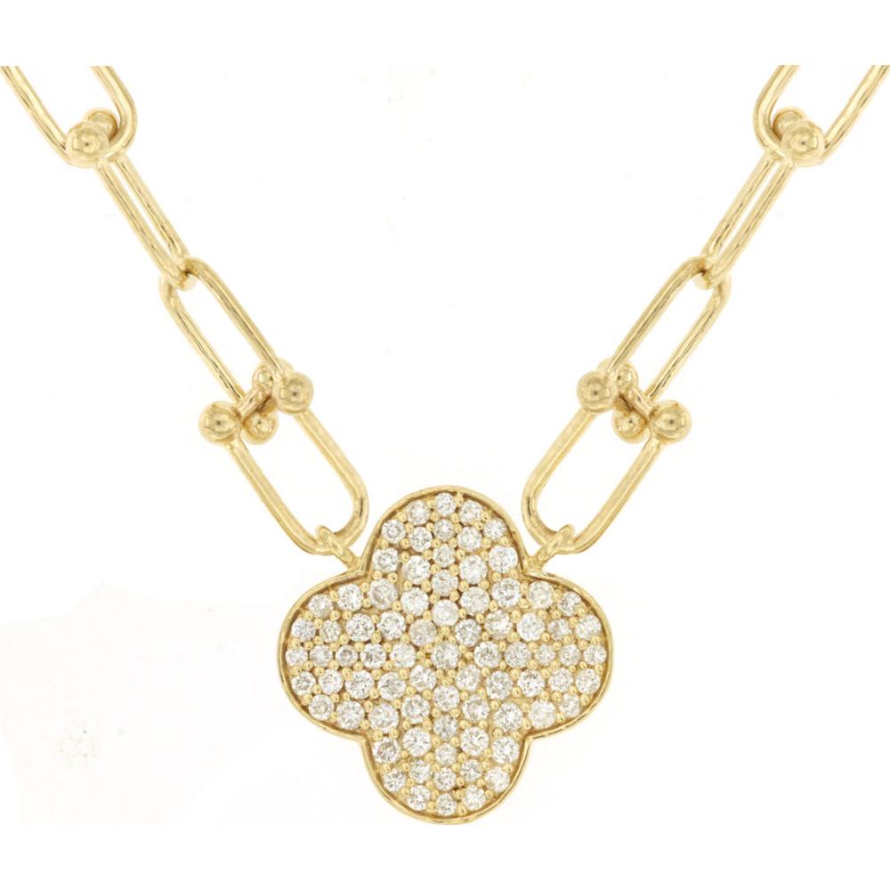 14K Yellow Gold Paperclip Link Necklace with Diamond Quatrefoil Motif Pendant - 0.50 Carat Total Diamond Weight - Royal Jewelry