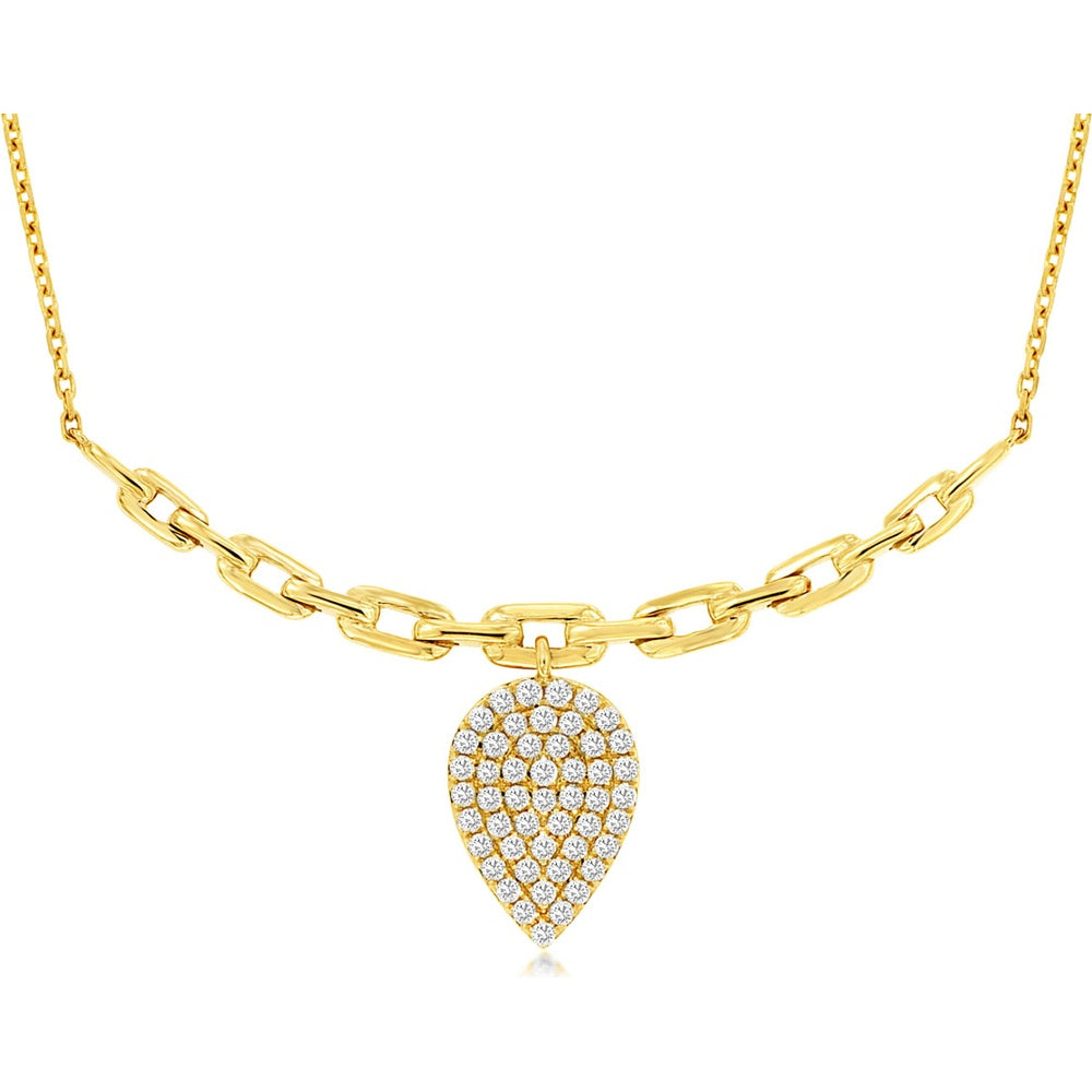 14K Yellow Gold Paperlink Chain Necklace with Pavé-Set Pear-Shaped Diamond Pendant - 0.35 Carat Total Diamond Weight - Royal Jewelry