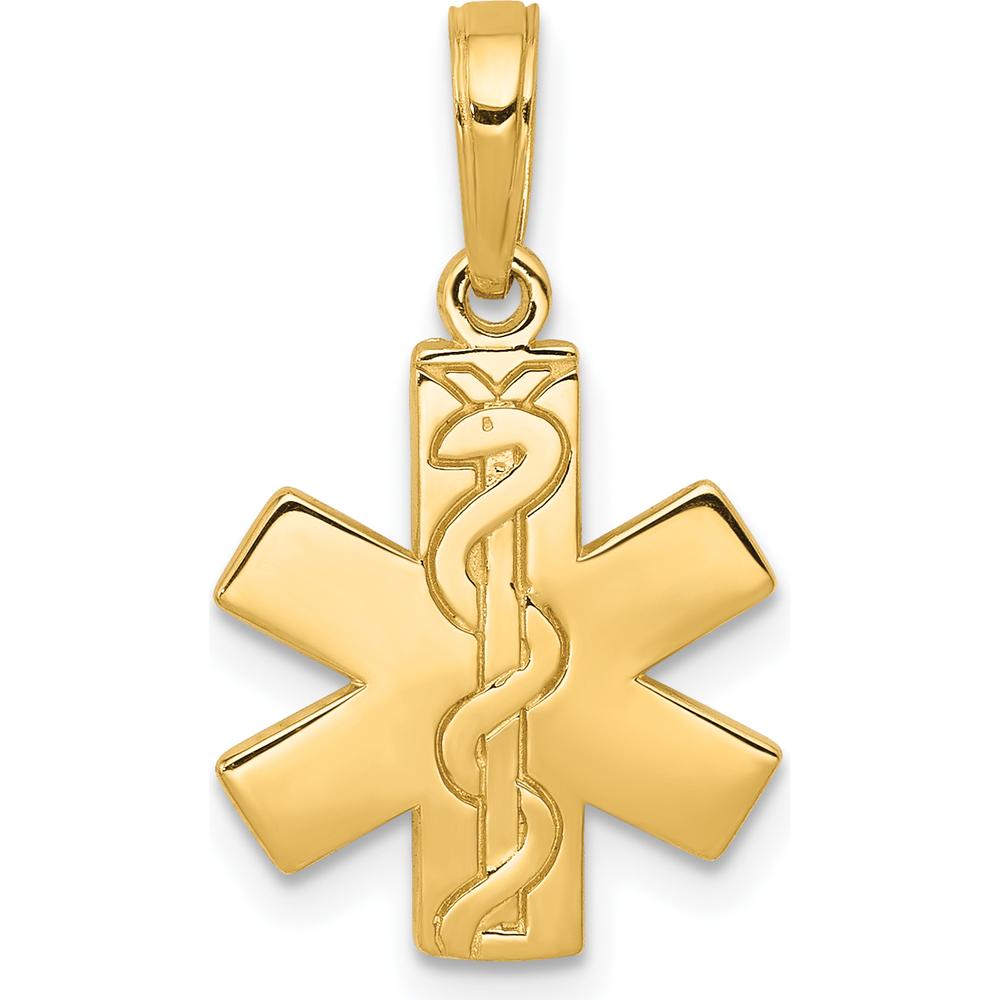 14K Yellow Gold Paramedic Caduceus Symbol Pendant - Polished Finish with Textured Back by Oro Pregiato