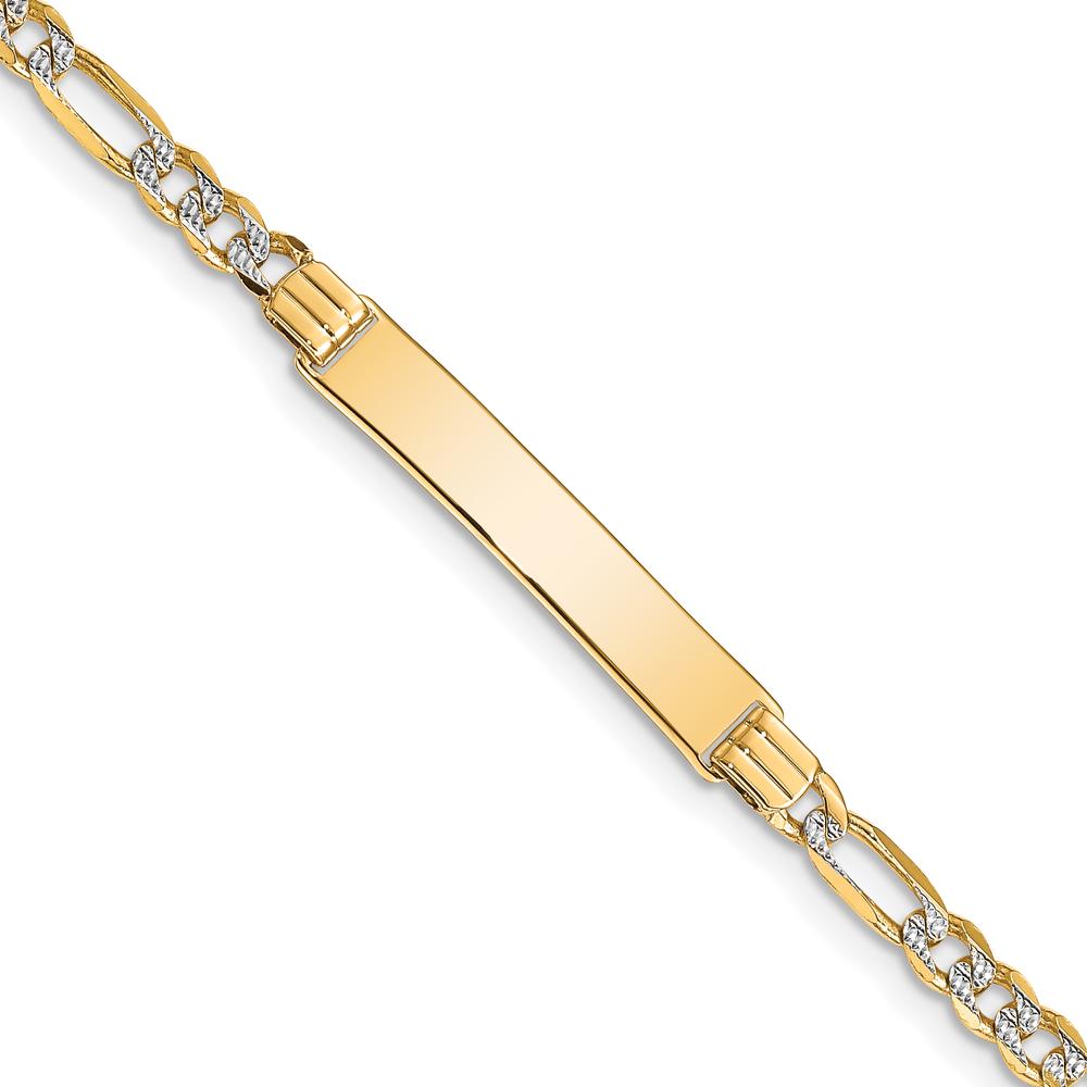 14K Yellow Gold Pavé Figaro ID Bracelet with Rhodium Plating - 7" Length by Oro Pregiato