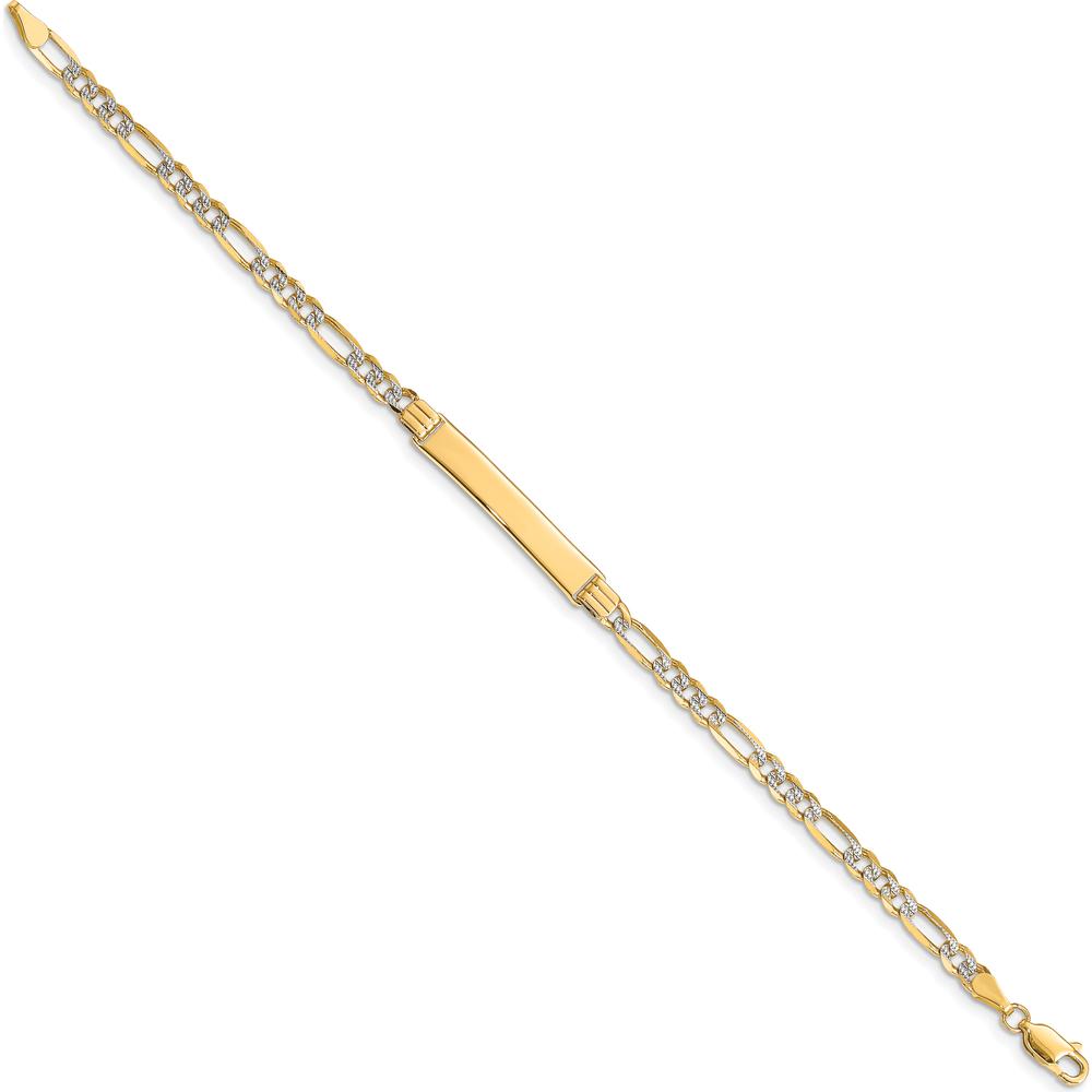 14K Yellow Gold Pavé Figaro ID Bracelet with Rhodium Plating - 7" Length by Oro Pregiato