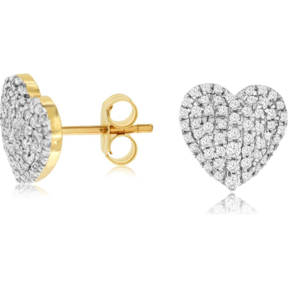 14K Yellow Gold Pave Heart Stud Earrings with Round Diamonds - 0.65 Carat Total Diamond Weight - Royal Jewelry