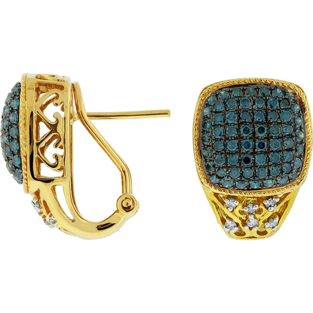 14K Yellow Gold Pavé Set Round Blue Diamond and White Diamond Lever-Back Earrings - 1.18 Carat Total Blue Diamond Weight and 0.09 Carat Total White Diamond Weight - Royal Jewelry