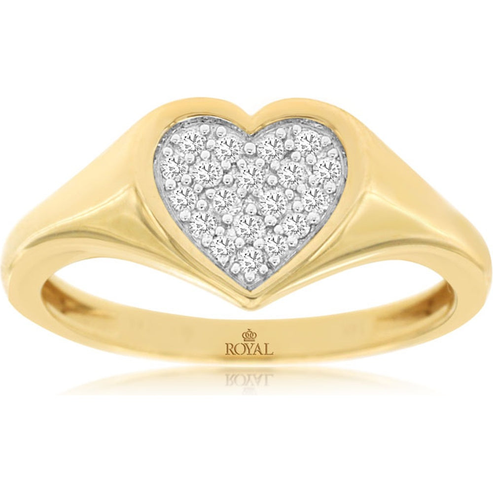 14K Yellow Gold Pavé-Set Round Diamond Heart Motif Ring with Split Shank Detail - 0.14 Carat Total Diamond Weight - Royal Jewelry
