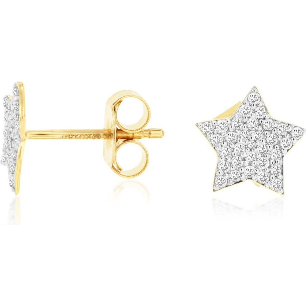 14K Yellow Gold Pavé Set Star Stud Earrings with Round Brilliant Cut Diamonds - 0.24 Carat Total Diamond Weight - Royal Jewelry