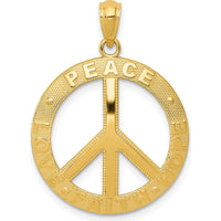 14K Yellow Gold Peace Love Faith Hope Symbol Pendant - Textured Peace Sign Necklace by Oro Pregiato