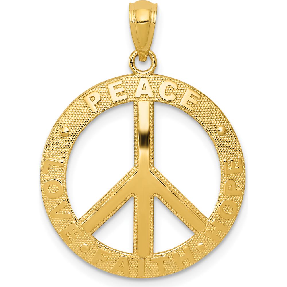 14K Yellow Gold Peace Love Faith Hope Symbol Pendant - Textured Peace Sign Necklace by Oro Pregiato