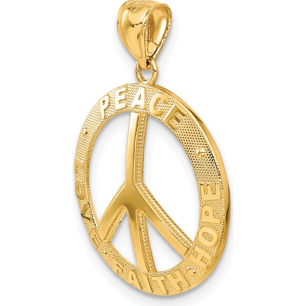 14K Yellow Gold Peace Love Faith Hope Symbol Pendant - Textured Peace Sign Necklace by Oro Pregiato