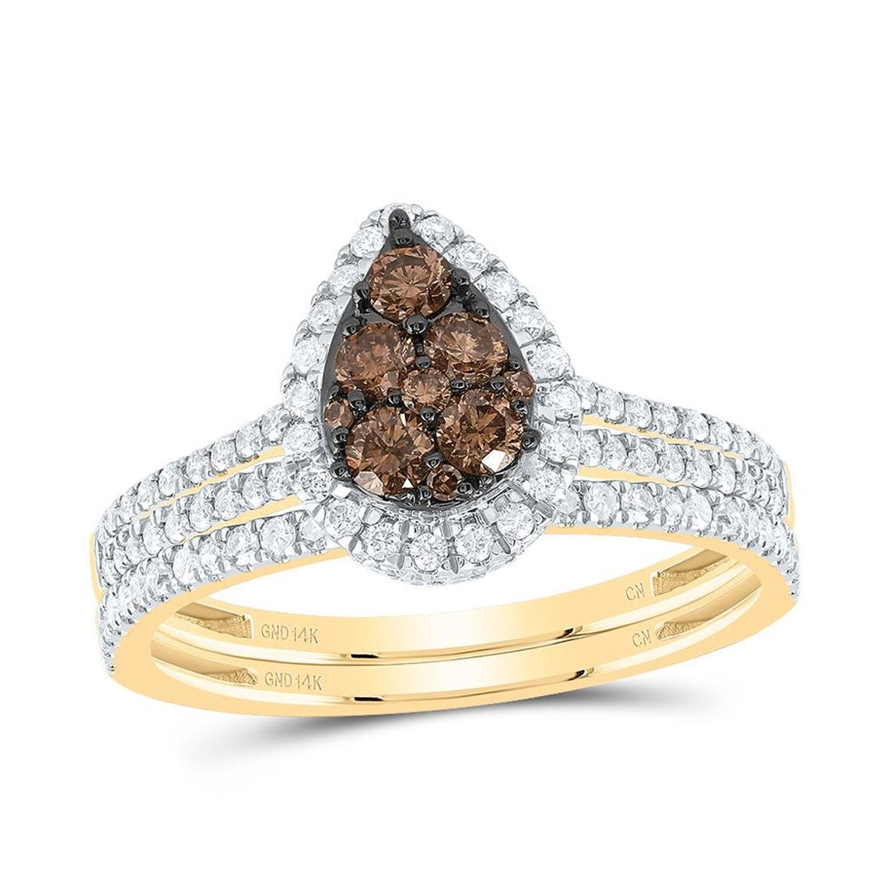 14K Yellow Gold Pear Brown and White Diamond Bridal Ring Set - 3/4 Carat Total Diamond Weight