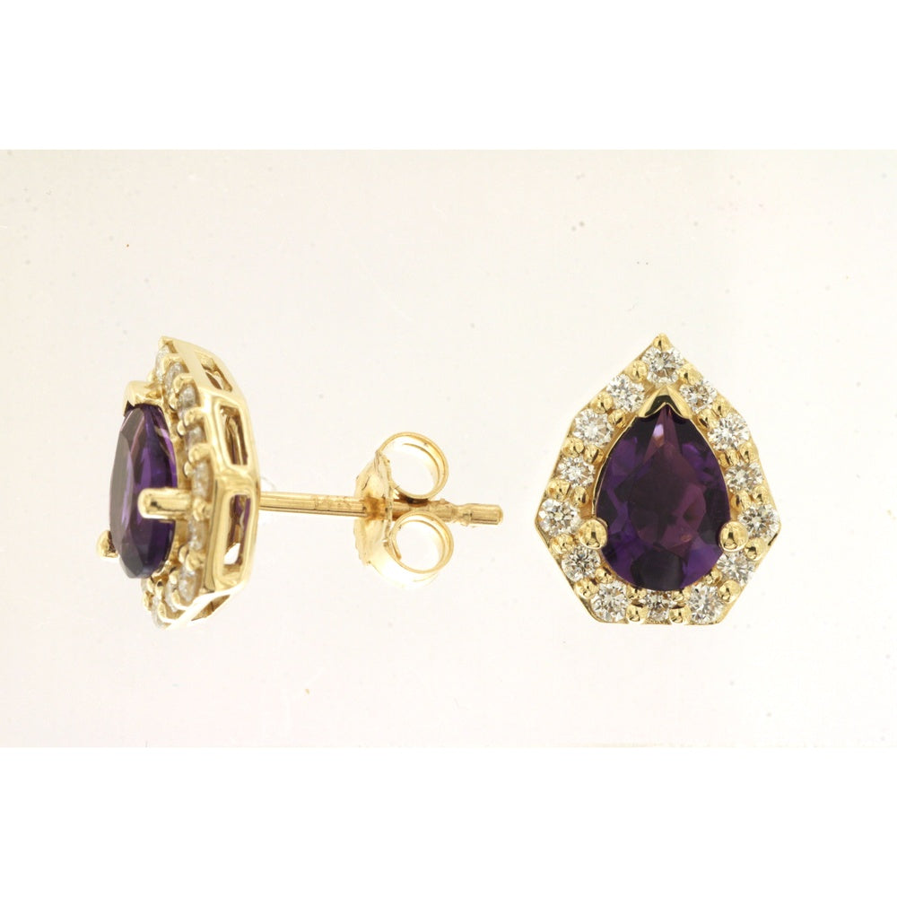 14K Yellow Gold Pear-Cut Amethyst Stud Earrings with Round Diamond Halo - 1.18 Carat Total Amethyst Weight and 0.41 Carat Total Diamond Weight - Royal Jewelry