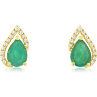 14K Yellow Gold Pear Cut Emerald and Diamond Halo Stud Earrings - 1.40 Carat Total Emerald Weight and 0.14 Carat Total Diamond Weight - Royal Jewelry
