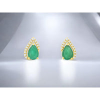 14K Yellow Gold Pear Cut Emerald and Diamond Halo Stud Earrings - 1.40 Carat Total Emerald Weight and 0.14 Carat Total Diamond Weight - Royal Jewelry