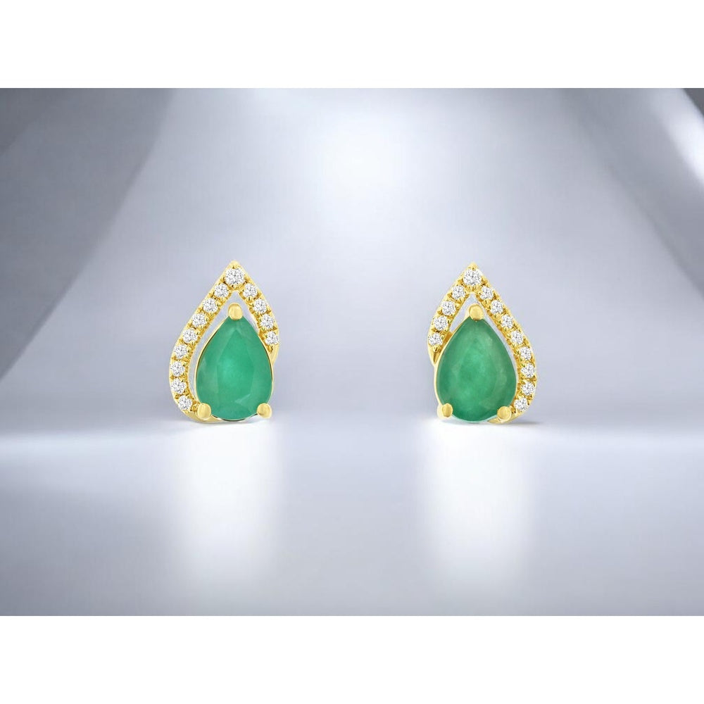 14K Yellow Gold Pear Cut Emerald and Diamond Halo Stud Earrings - 1.40 Carat Total Emerald Weight and 0.14 Carat Total Diamond Weight - Royal Jewelry