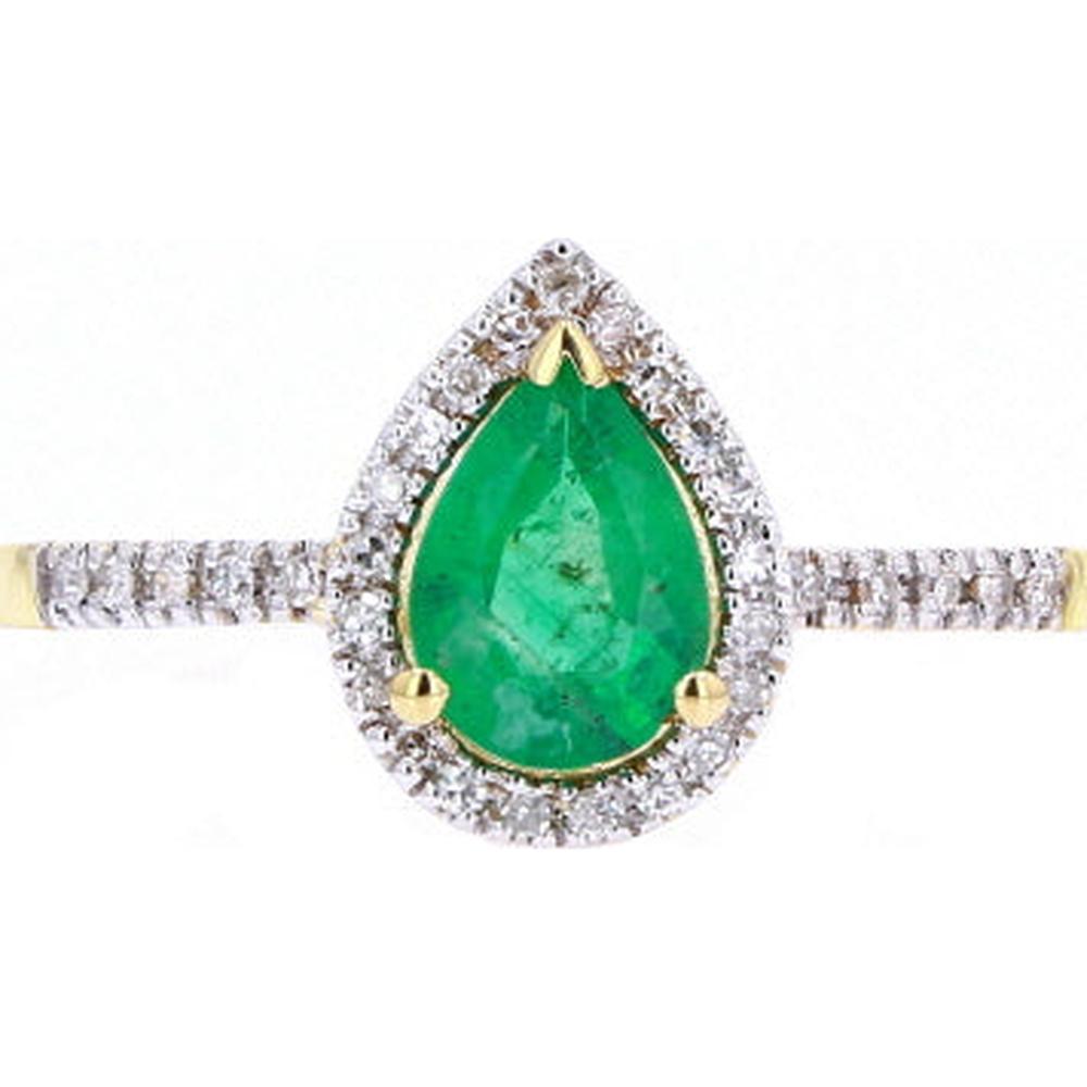 14K Yellow Gold Pear Cut Emerald Ring with Diamond Halo - 0.10 Carat Total Diamond Weight