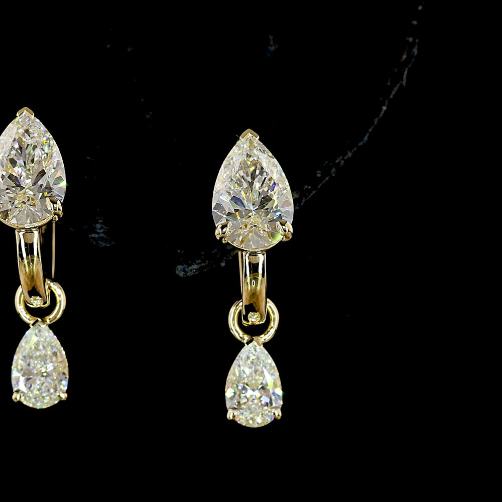 14K Yellow Gold Pear Cut Lab Diamond Drop Earrings with Dangling Diamond - 3.00 Carats Total Diamond Weight - Covaloro Fine Jewelry
