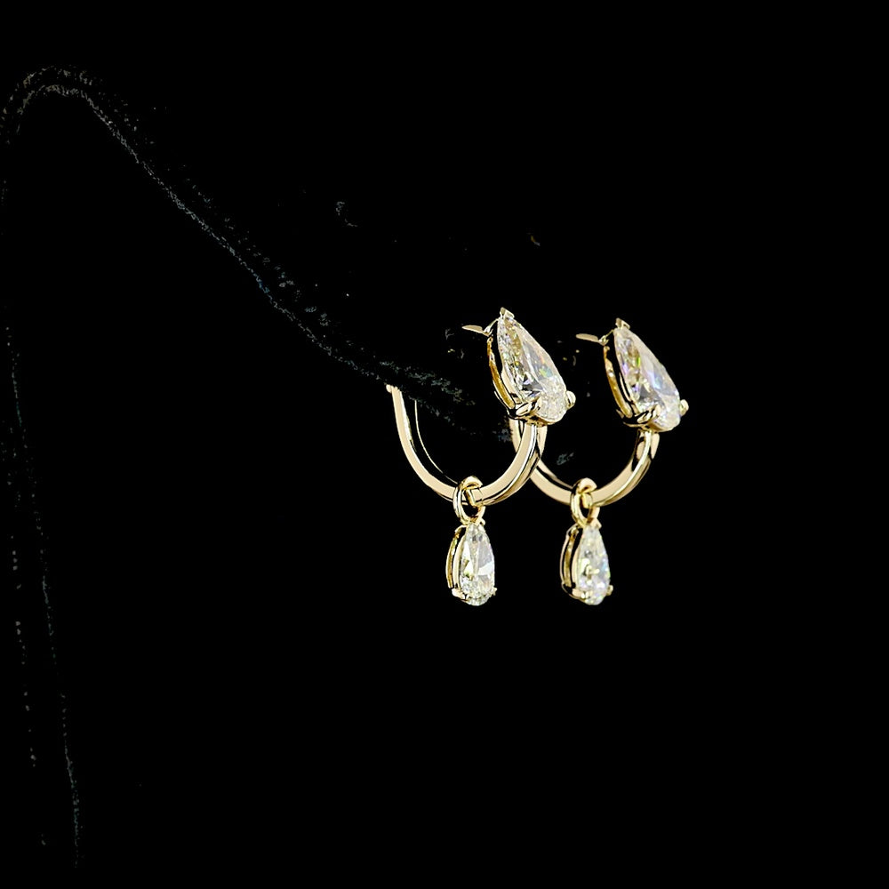 14K Yellow Gold Pear Cut Lab Diamond Drop Earrings with Dangling Diamond - 3.00 Carats Total Diamond Weight - Covaloro Fine Jewelry