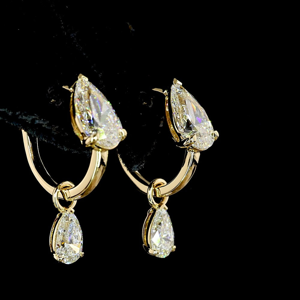 14K Yellow Gold Pear Cut Lab Diamond Drop Earrings with Dangling Diamond - 3.00 Carats Total Diamond Weight - Covaloro Fine Jewelry
