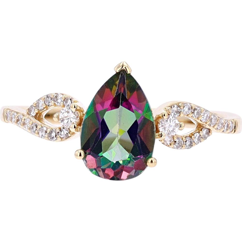 14K Yellow Gold Pear Cut Mystic Gemstone Ring with Diamond Accent Twist Band - 0.15 Carats Total Diamond Weight