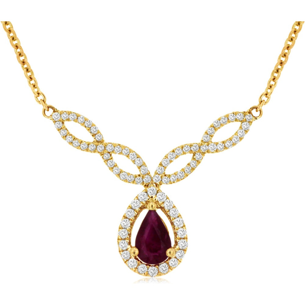 14K Yellow Gold Pear-Cut Ruby Pendant Necklace with Diamond Halo - 0.45 Carat Ruby and 0.25 Carat Total Diamond Weight - Royal Jewelry
