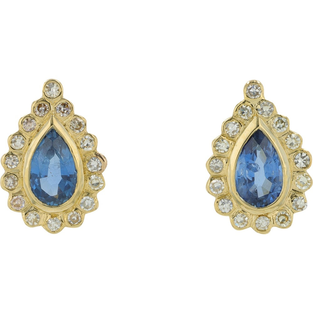 14K Yellow Gold Pear-Cut Sapphire Stud Earrings with Bezel Set Center and Diamond Halo - 0.50 Carat Total Sapphire Weight and 0.13 Carat Total Diamond Weight
