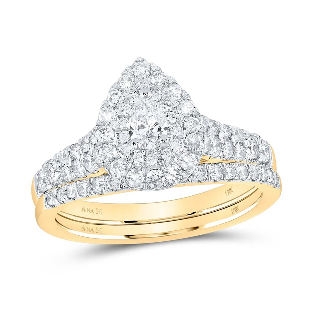14K Yellow Gold Pear Diamond Bridal Ring Set - 1 Carat Total Diamond Weight