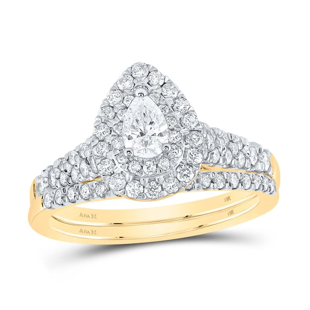 14K Yellow Gold Pear Diamond Bridal Ring Set - 1 Carat Total Diamond Weight