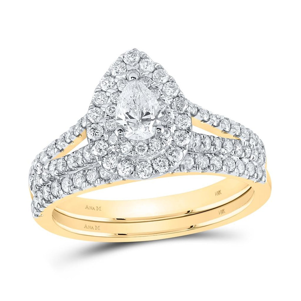 14K Yellow Gold Pear Diamond Bridal Ring Set - 1 Carat Total Diamond Weight