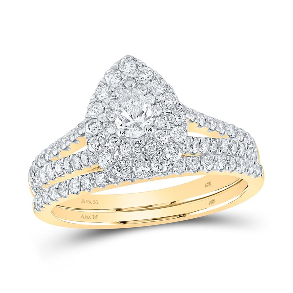 14K Yellow Gold Pear Diamond Bridal Ring Set - 1 Carat Total Diamond Weight