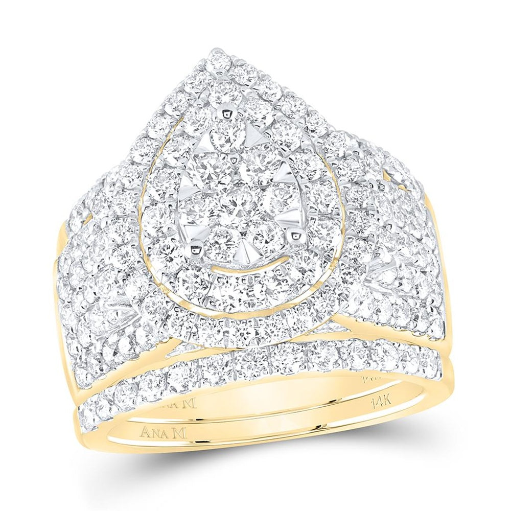 14K Yellow Gold Pear Diamond Bridal Ring Set - 2 7/8 Carat Total Diamond Weight