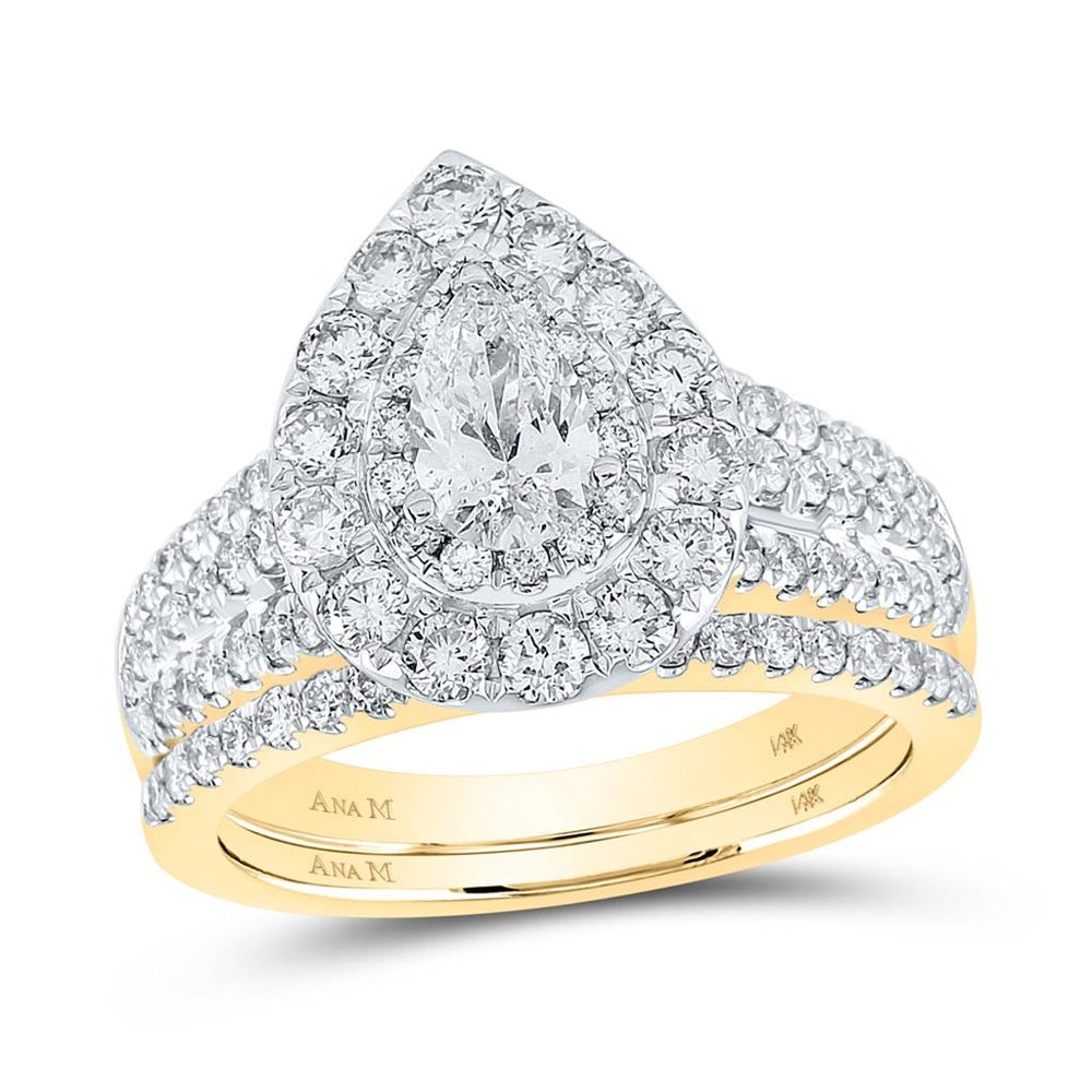 14K Yellow Gold Pear Diamond Halo Bridal Wedding Ring Set (Certified) - 2 Carat Total Diamond Weight