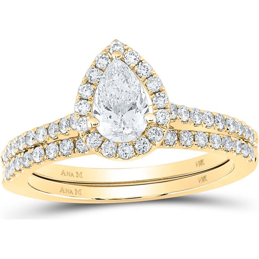14K Yellow Gold Pear Diamond Halo Bridal Wedding Ring Set with 1 Carat Total Diamond Weight (Certified)