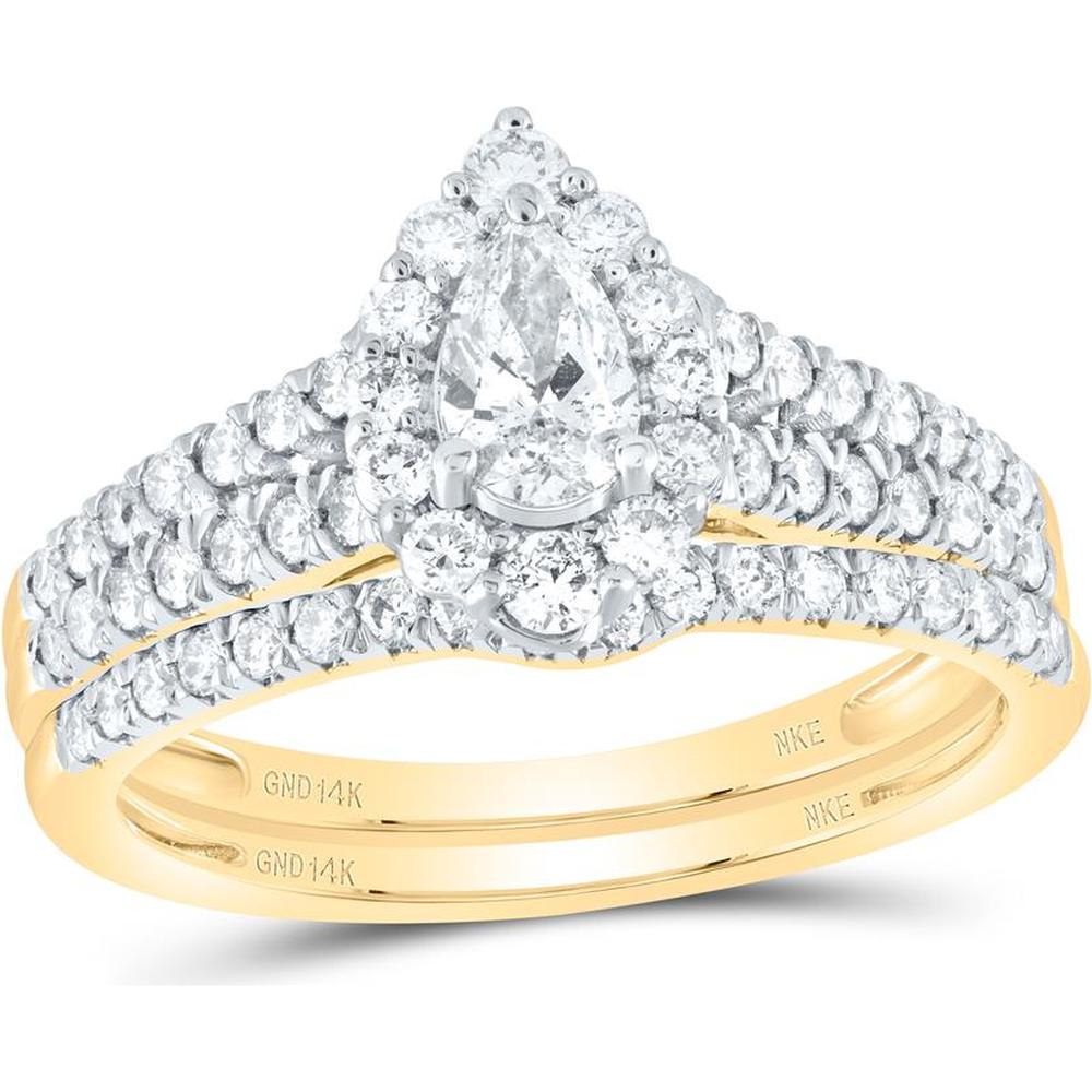14K Yellow Gold Pear Diamond Halo Bridal Wedding Ring Set with Round Diamond and Blue Sapphire Accents - 1 Carat Total Diamond Weight