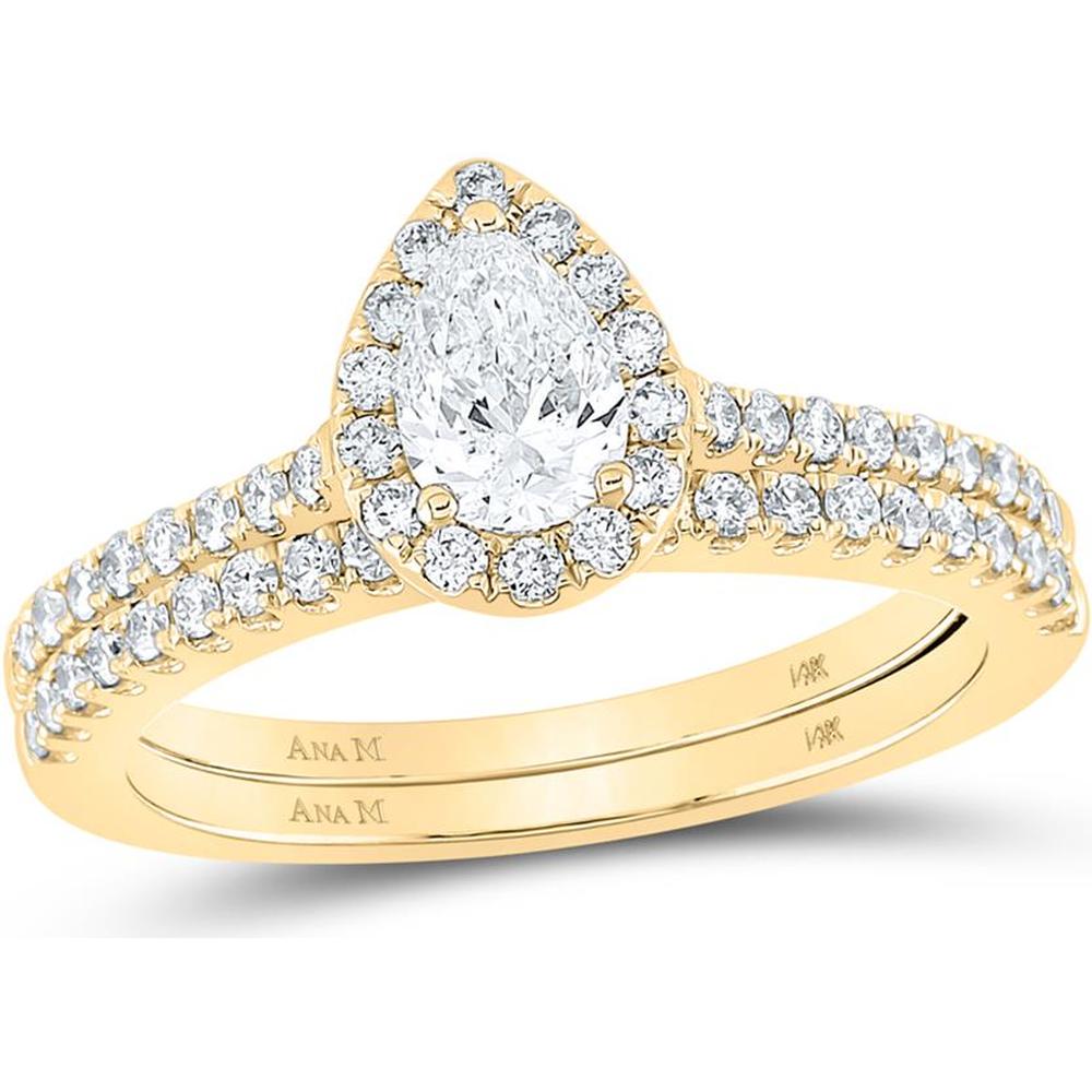 14K Yellow Gold Pear Diamond Halo Bridal Wedding Ring Set with Round Diamonds - 1.02 Carat Total Diamond Weight