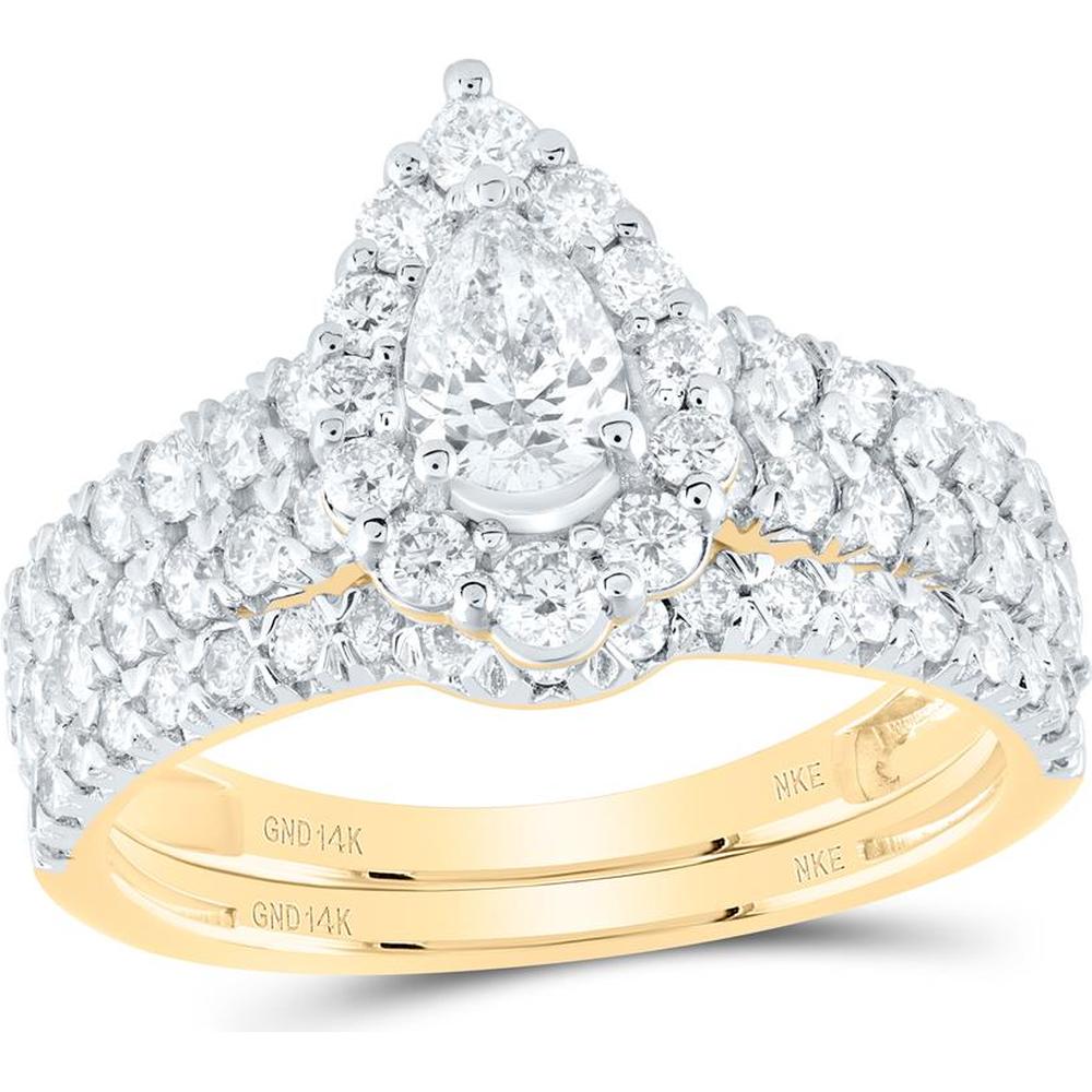 14K Yellow Gold Pear Diamond Halo Bridal Wedding Ring Set with Round Diamonds and Blue Sapphire - 1.5 Carat Total Diamond Weight