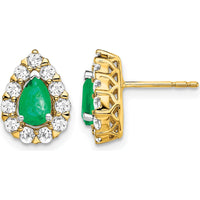 14K Yellow Gold Pear Emerald and Diamond Halo Post Earrings - 0.5 Carat Total Emerald Weight, 0.035 Carat Total Diamond Weight by Monteluci Fine Jewelry