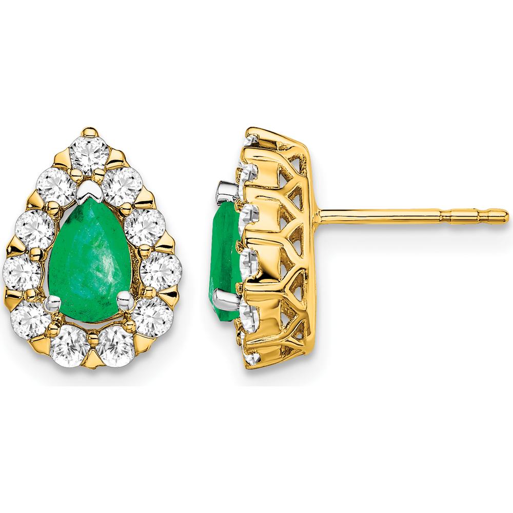 14K Yellow Gold Pear Emerald and Diamond Halo Post Earrings - 0.5 Carat Total Emerald Weight, 0.035 Carat Total Diamond Weight by Monteluci Fine Jewelry
