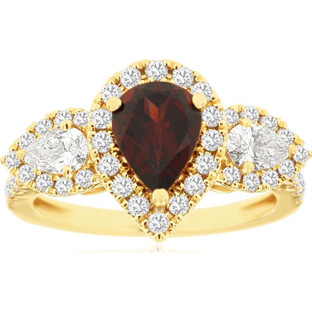 14K Yellow Gold Pear Garnet & Diamond Three Stone Halo Ring - 1.30 Carat Garnet & 1.00 Carat Total Diamond Weight - Royal Jewelry