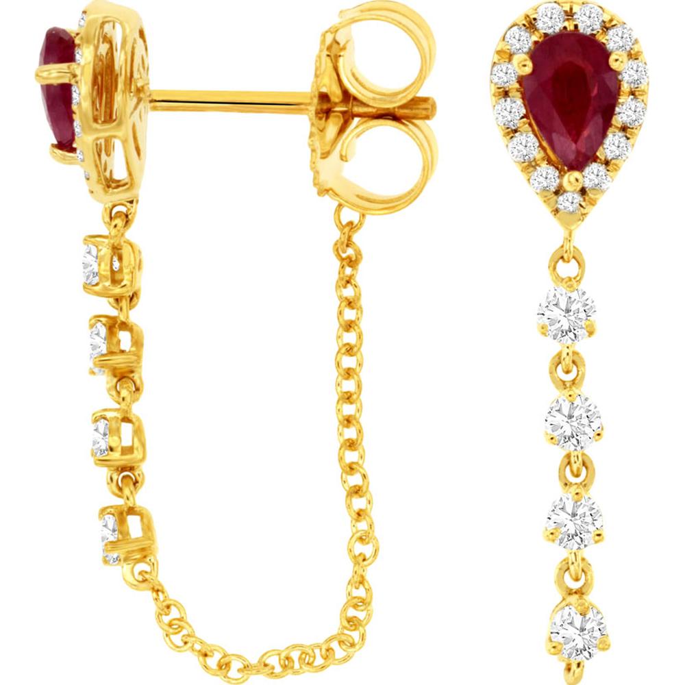 14K Yellow Gold Pear Ruby and Diamond Drop Earrings with Diamond Halo - 0.44 Carat Total Ruby Weight, 0.35 Carat Total Diamond Weight - Royal Jewelry