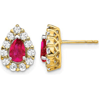 14K Yellow Gold Pear Ruby and Diamond Halo Post Earrings - 0.5 Carat Ruby, 0.77 Carat Total Diamond Weight by Monteluci Fine Jewelry