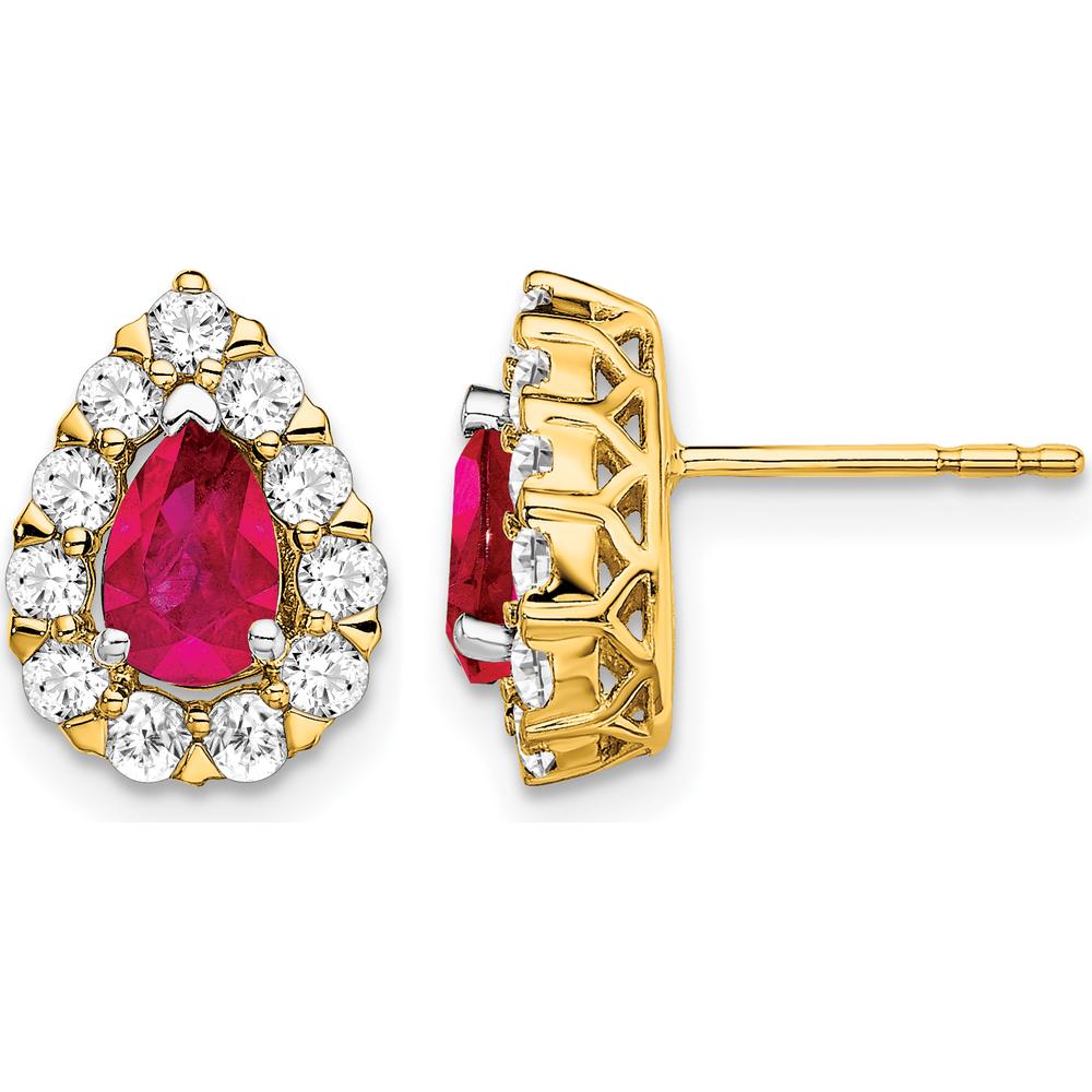 14K Yellow Gold Pear Ruby and Diamond Halo Post Earrings - 0.5 Carat Ruby, 0.77 Carat Total Diamond Weight by Monteluci Fine Jewelry