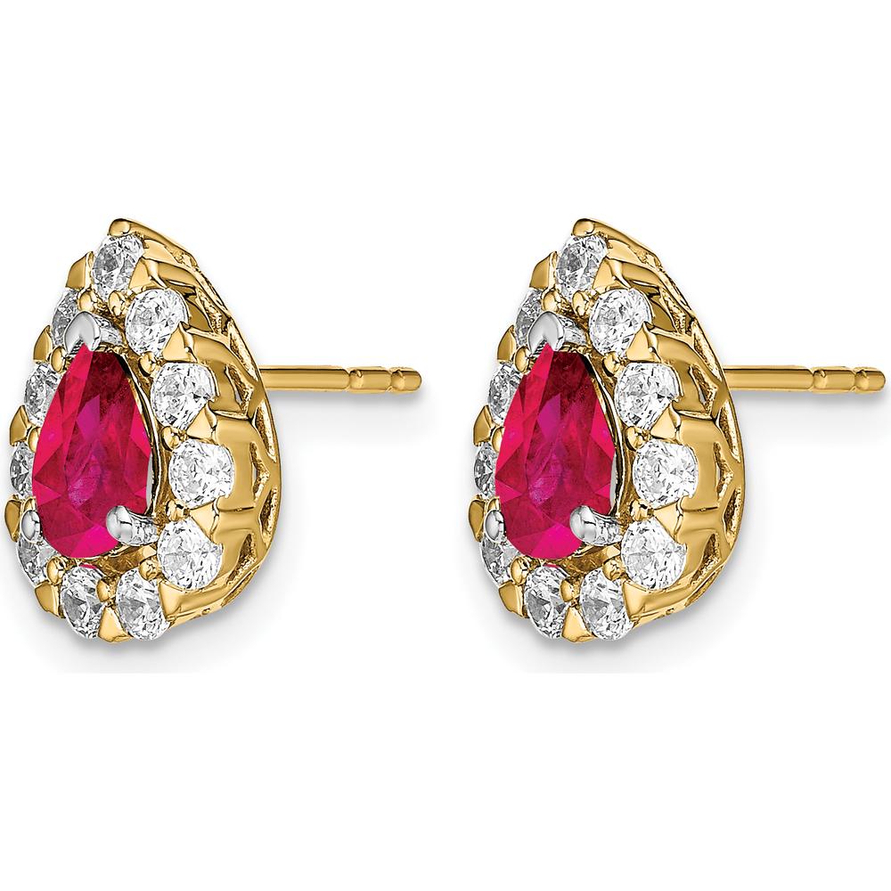 14K Yellow Gold Pear Ruby and Diamond Halo Post Earrings - 0.5 Carat Ruby, 0.77 Carat Total Diamond Weight by Monteluci Fine Jewelry