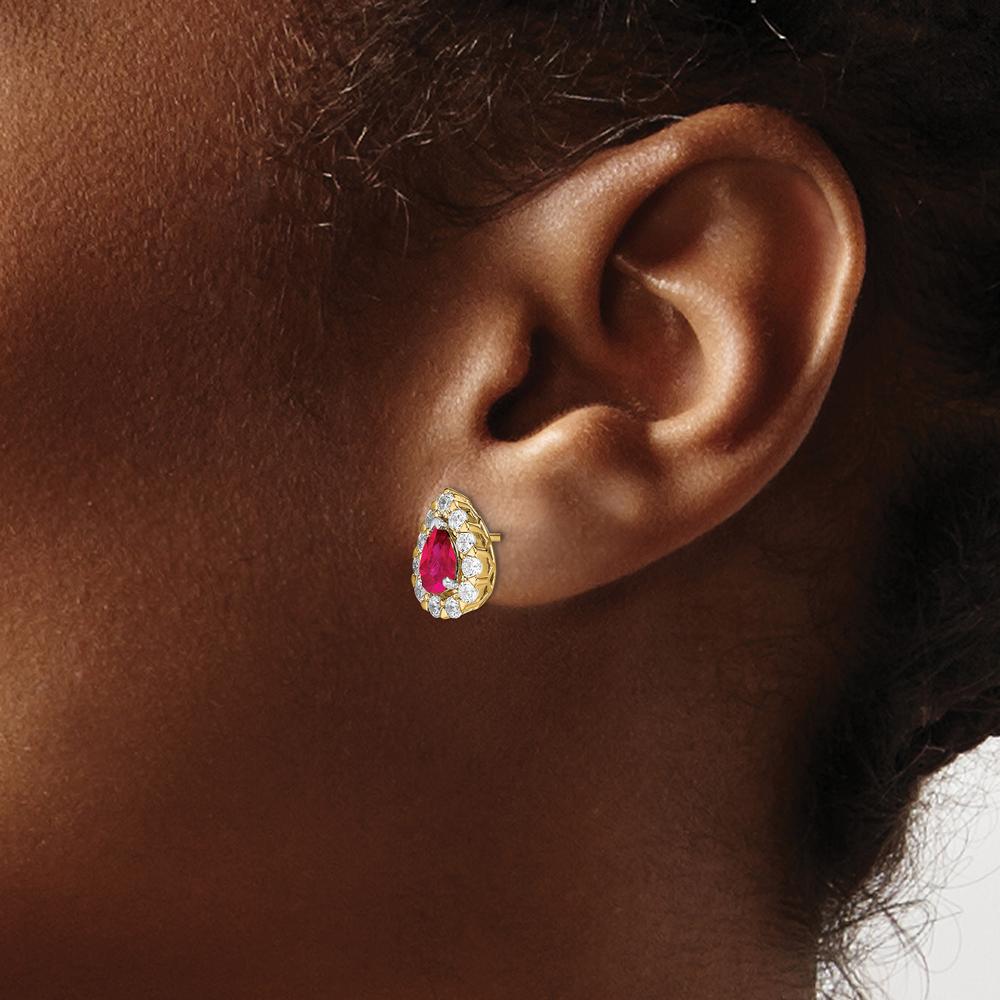 14K Yellow Gold Pear Ruby and Diamond Halo Post Earrings - 0.5 Carat Ruby, 0.77 Carat Total Diamond Weight by Monteluci Fine Jewelry