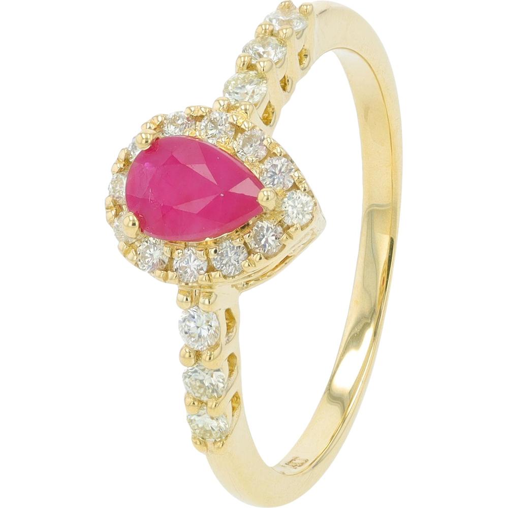 14K Yellow Gold Pear Ruby and Diamond Halo Ring - 0.39 Carat Ruby and 0.26 Carat Diamond Weight