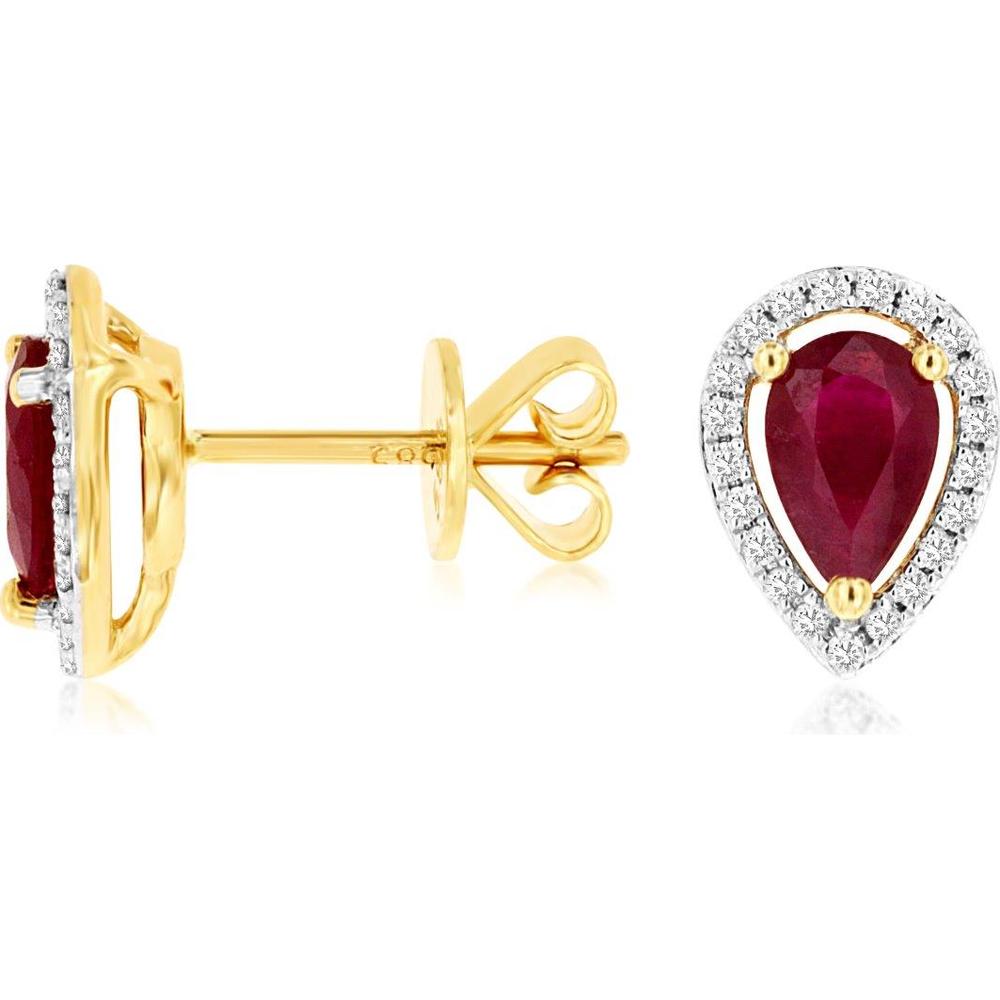 14K Yellow Gold Pear Ruby and Diamond Halo Stud Earrings - 0.90 Carat Total Ruby Weight and 0.12 Carat Total Diamond Weight - Royal Jewelry