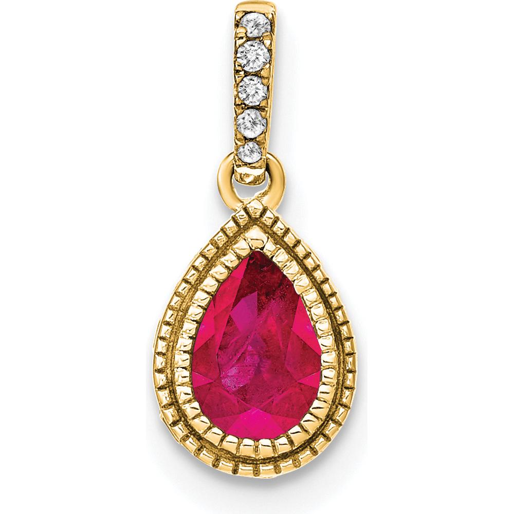 14K Yellow Gold Pear Ruby and Diamond Pendant with Beaded Detail - 0.29 Carat Ruby & 0.05 Carat Diamond Weight by Lumare Gioia