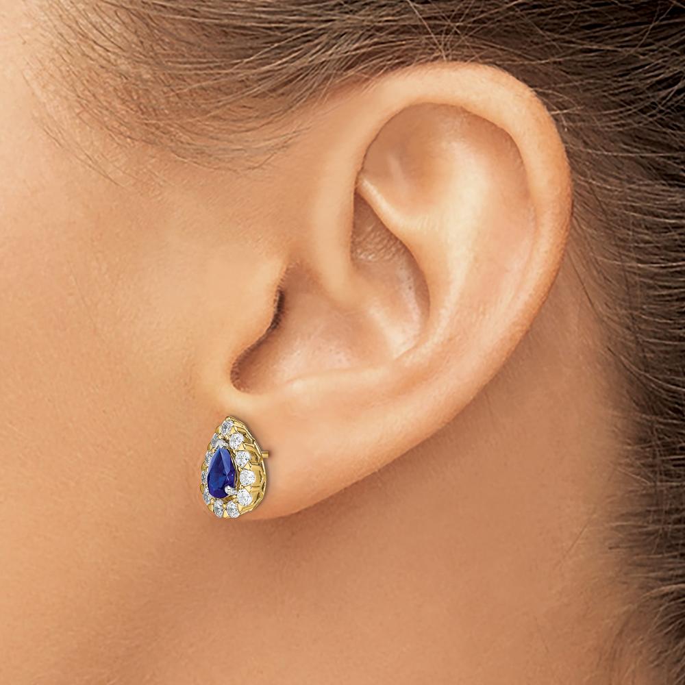 14K Yellow Gold Pear Sapphire and Diamond Halo Post Earrings - 1.03 Carat Total Sapphire Weight, 0.77 Carat Total Diamond Weight by Monteluci Fine Jewelry