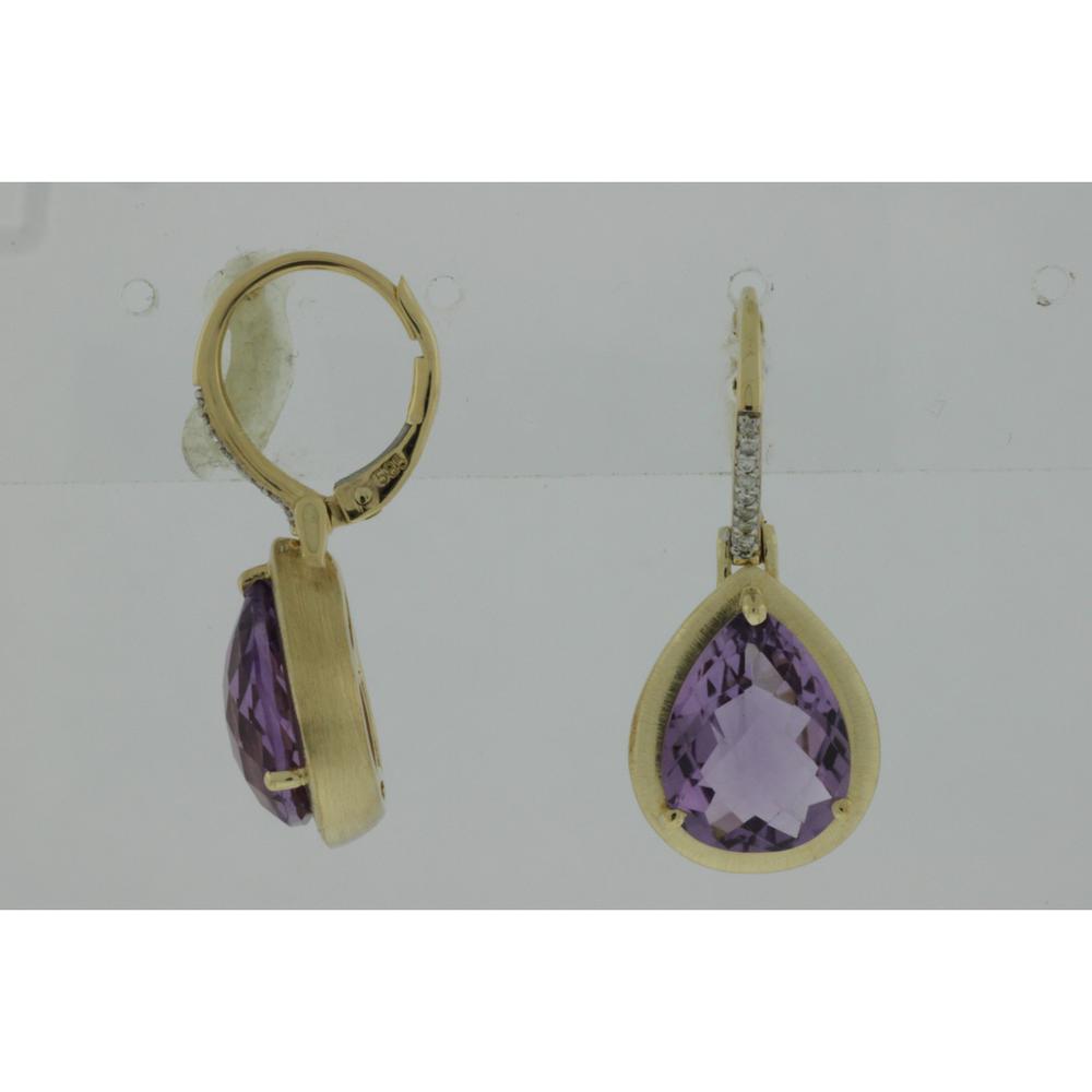 14K Yellow Gold Pear Shape Drop Earrings with Amethysts and Round Diamond Accents - 7.90 Carat Total Amethyst Weight, 0.06 Carat Total Diamond Weight - Royal Jewelry